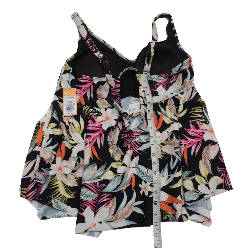 NEW Kona Sol Tankini Top Women 2X Black Floral Handkerchief Hem Tropical Swim - Picture 7 of 9